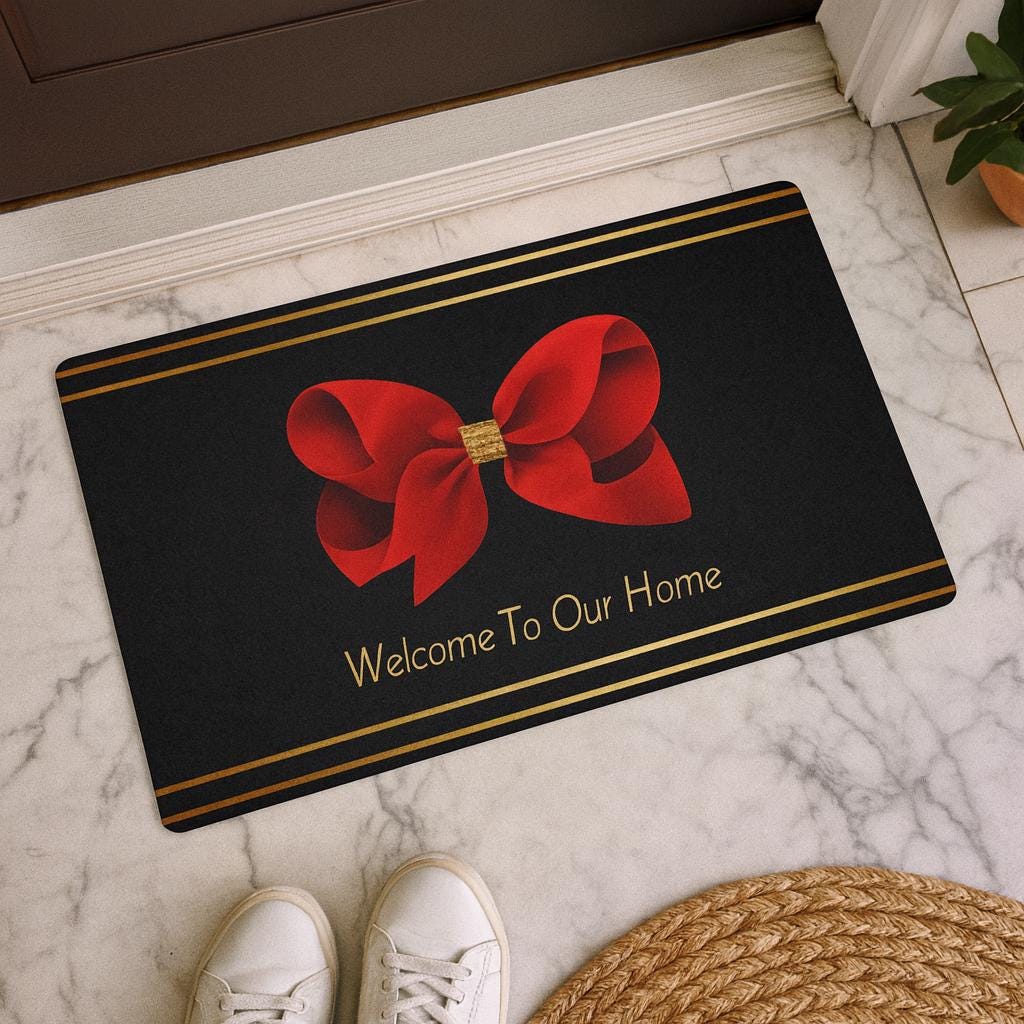 Welcome To Our Home” Red Bow Christmas Doormat – Festive Holiday Entry Mat