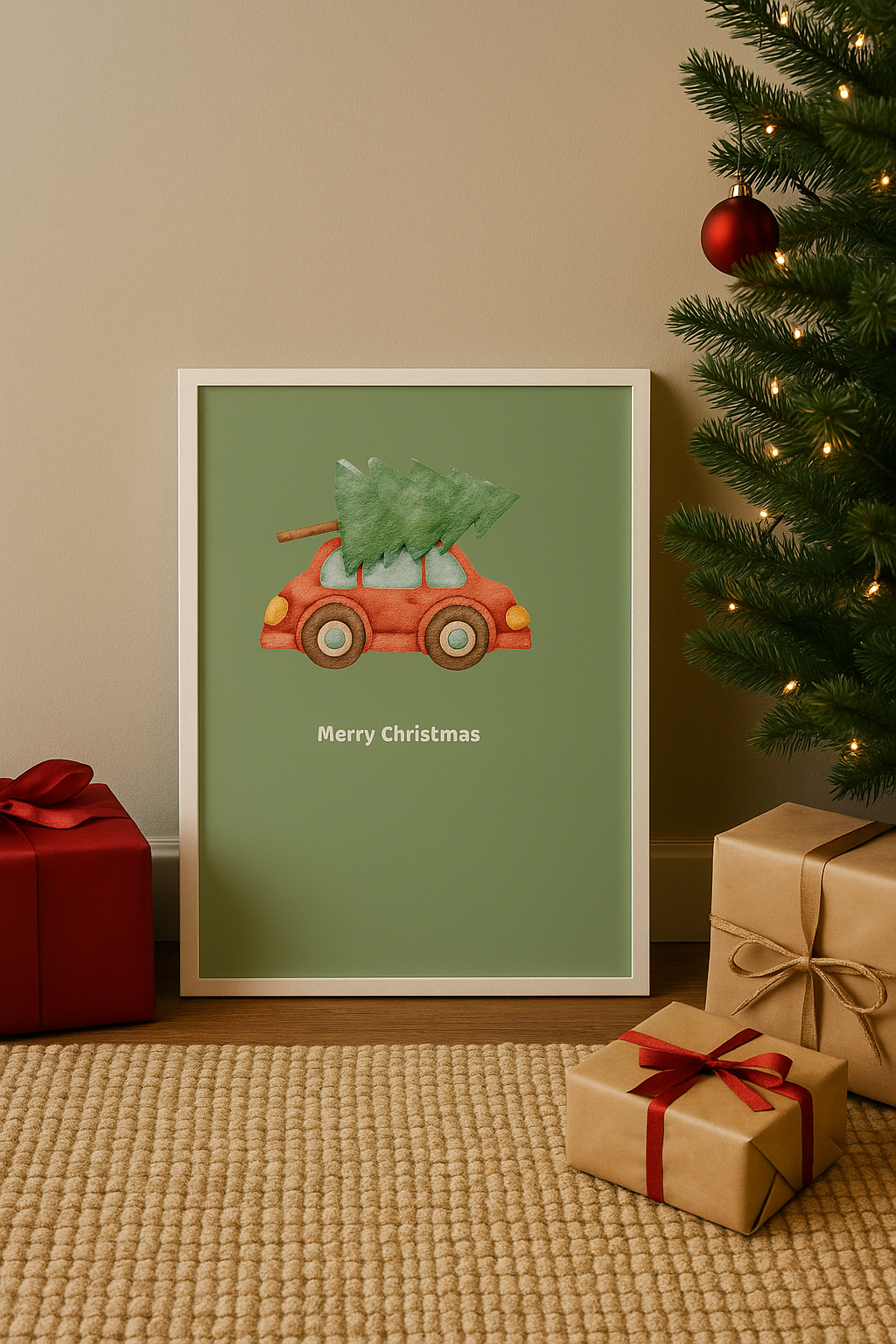 Merry Christmas Red Car Wall Art” – Cozy Holiday Print for Kids’ Room or Festive Home Decor