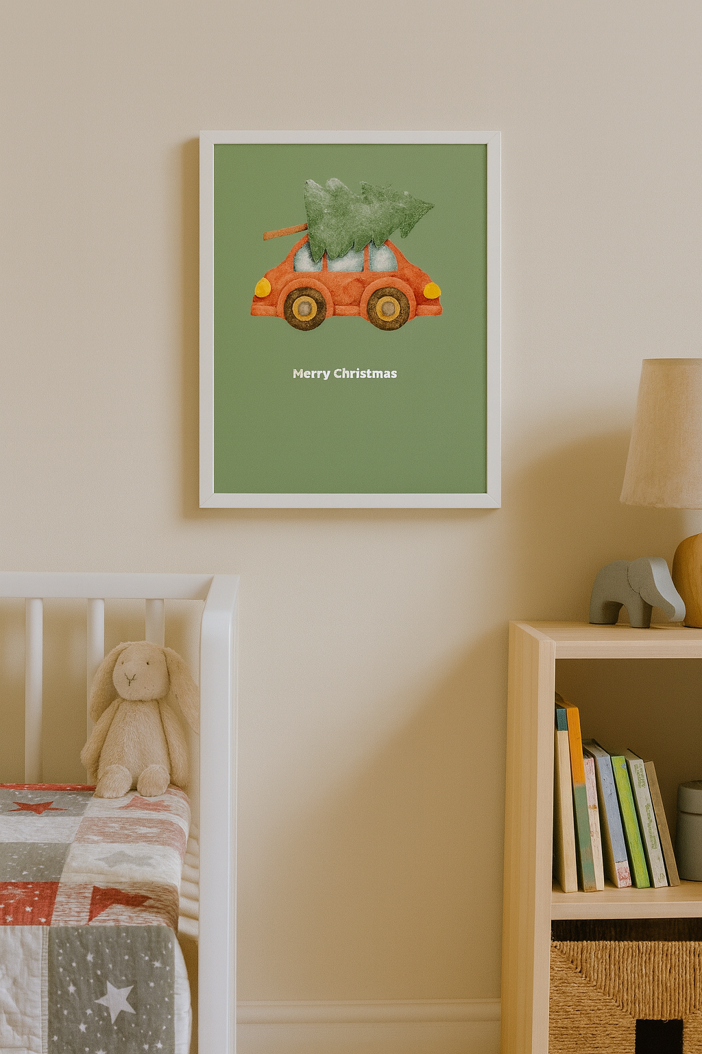 Merry Christmas Red Car Wall Art” – Cozy Holiday Print for Kids’ Room or Festive Home Decor