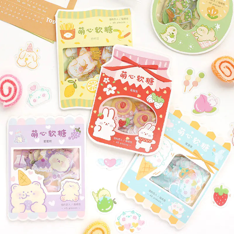 Cute Cartoon Animal & Fruit Sticker Pack (45 pcs) – Journaling & Scrapbook Set