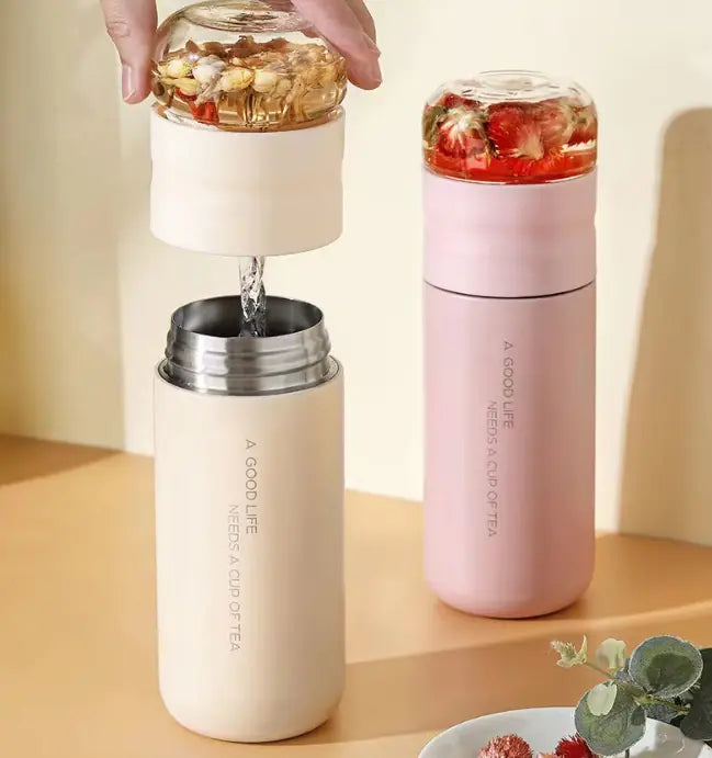 Insulated Tea Infuser Mug – Premium Stainless Steel & Glass Travel Cup (Hot & Cold)