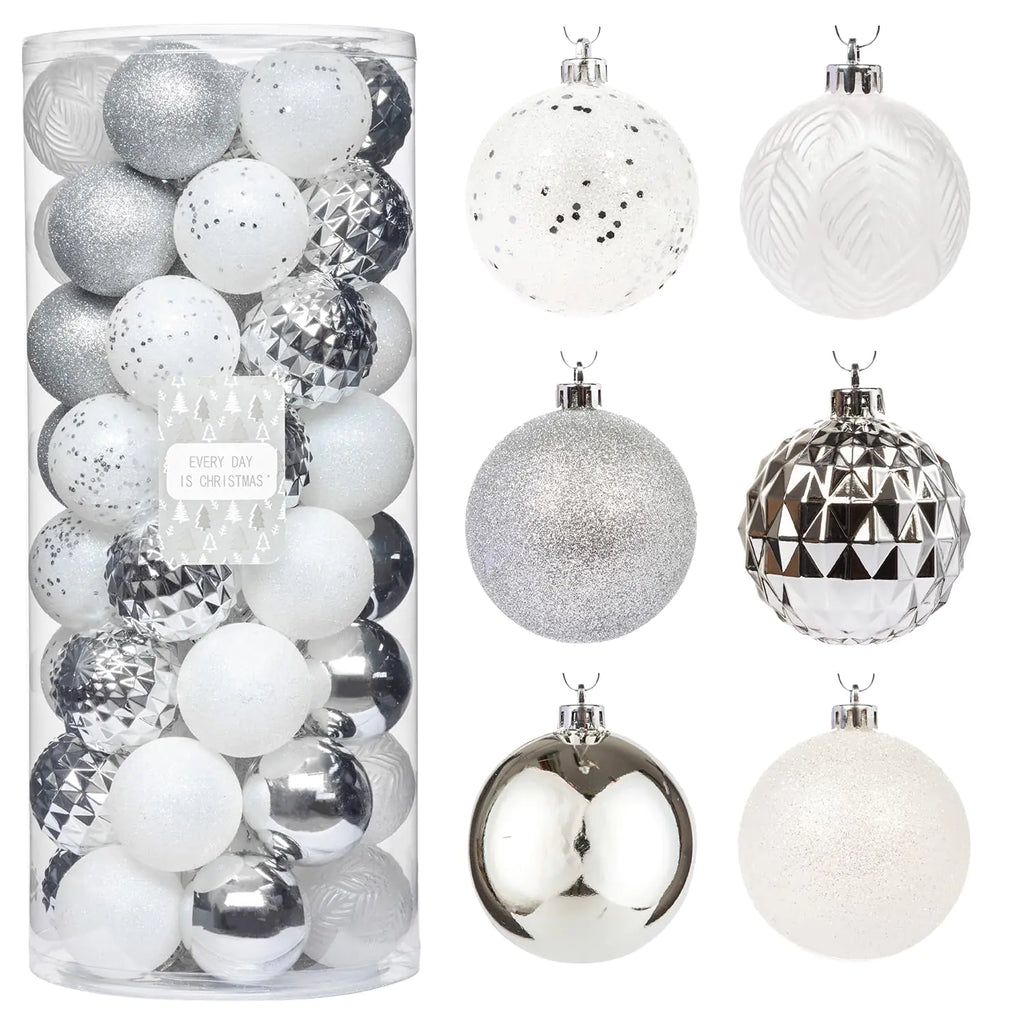 Elegant White & Silver Christmas Ornaments – 50-Piece Holiday Tree Set